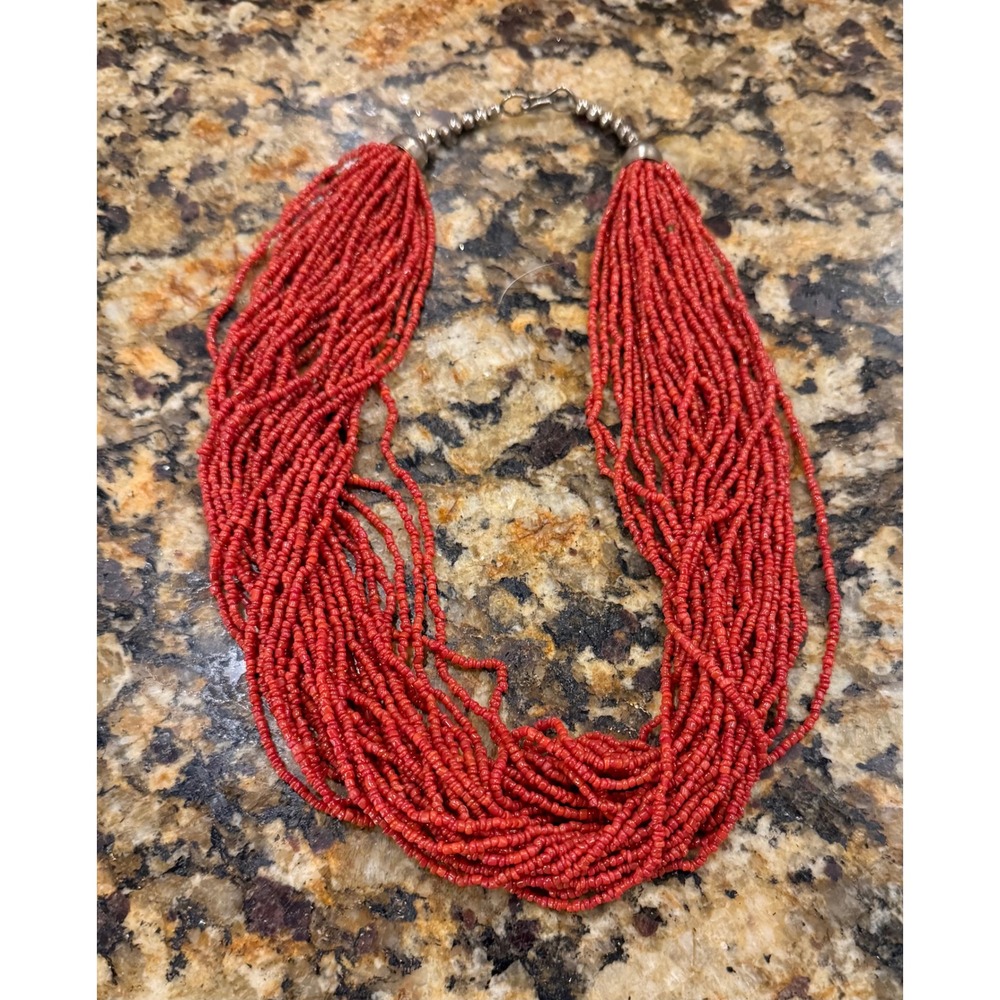 Womens Multi Strand Seed Bead Necklace Red Boho Southwestern Western 21 Inch